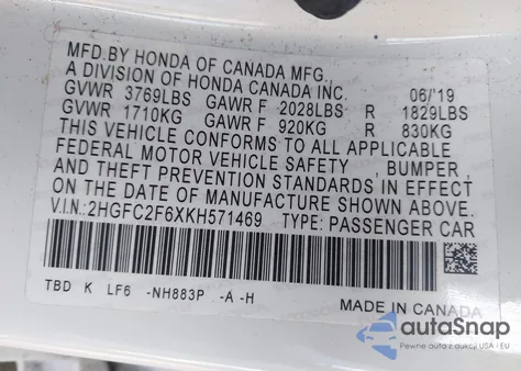 2019 Honda Civic Lx из США, поврежденный, VIN 2HGFC2F6XKH571469